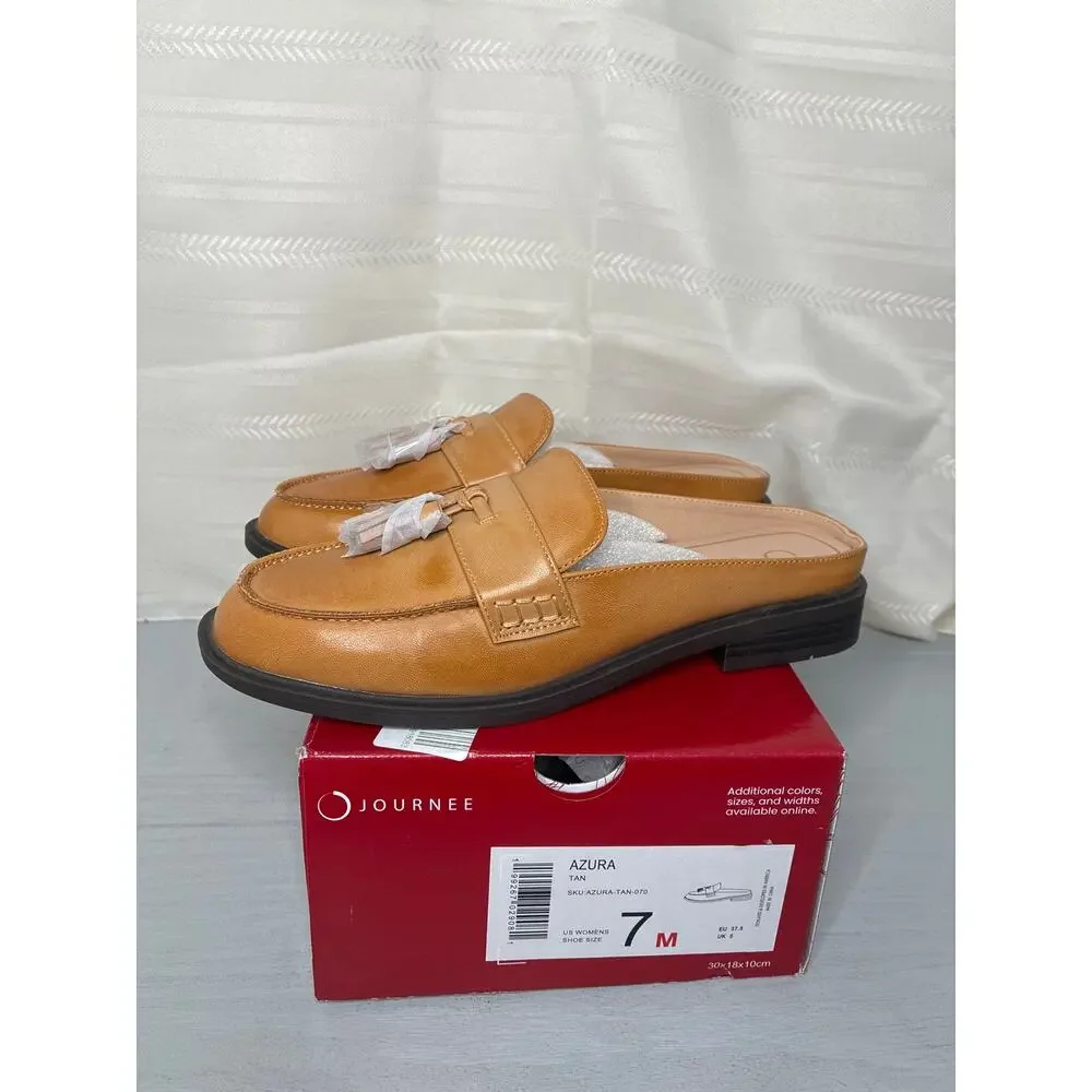 Journee Collection Azura Tassel Mule Loafer Tan Round Toe Size 7M